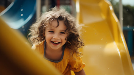 Portrait of a happy child playing on a slide at the playgroundの素材