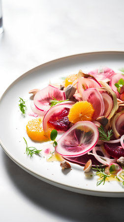 Salad with beetroot, orange and radish on white plateの素材