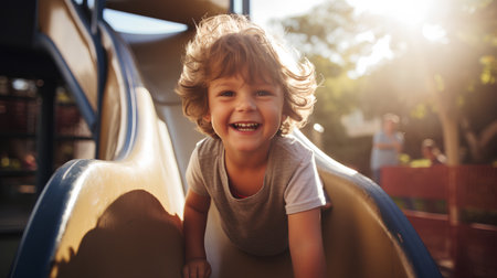 Portrait of a smiling little boy on a slide in the parkの素材