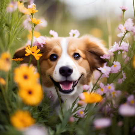Cute puppy of corgi dog in the grass with flowers.の素材