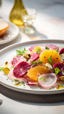 Salad with orange, radish and greens on a white plateの素材