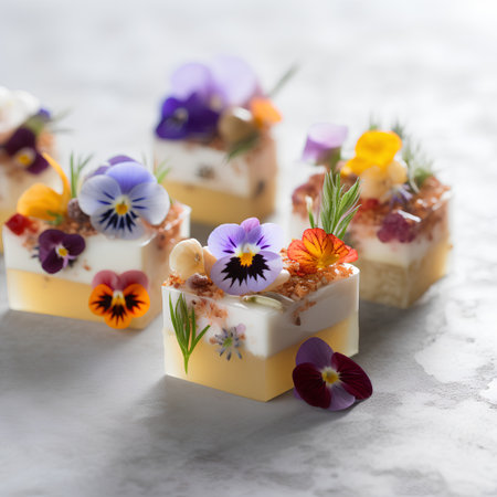 Dessert with buttercups and violets, selective focusの素材