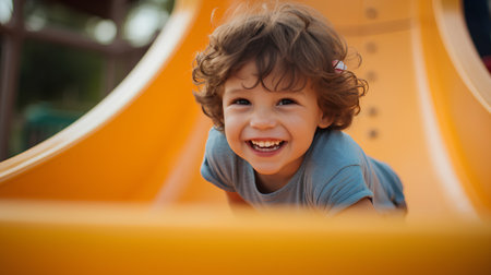 Portrait of a little boy having fun on a slide at a playgroundの素材