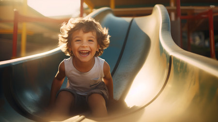 Happy little boy having fun on a slide at the playground at sunsetの素材