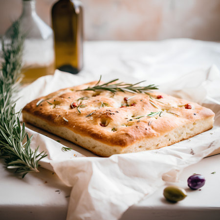 Italian focaccia bread with rosemary and olives, squareの素材