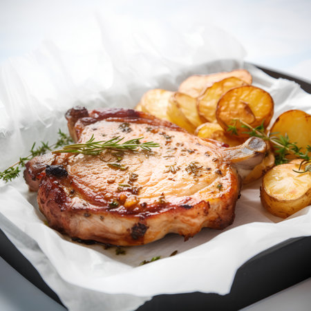 Grilled pork chop with potatoes and rosemary on a plate.の素材