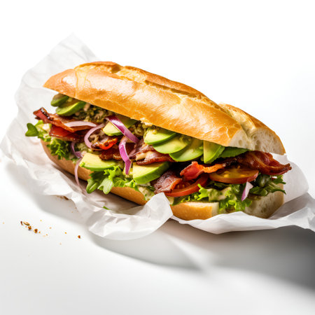 Sandwich with avocado, bacon, tomato, cucumber and lettuce on a white backgroundの素材