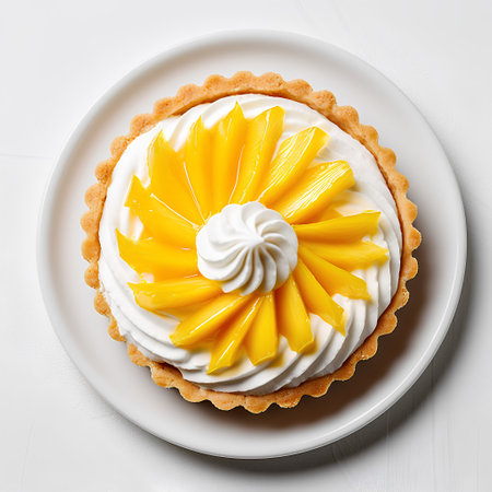 Mango tart with whipped cream on a white plate, top viewの素材