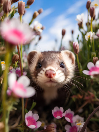Portrait of a ferret on a background of flowers and grassの素材