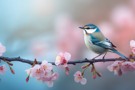 Blue tit bird on a branch of sakura. Spring background.の素材