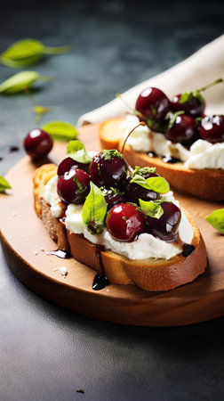 Cherry bruschetta with ricotta cheese and fresh cherriesの素材