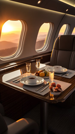 Luxury airplane interior with seats, table and chairs. 3d renderingの素材