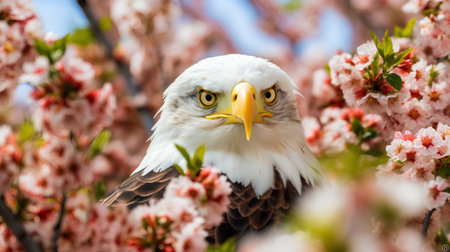 Bald Eagle in a Cherry Blossom Garden, Washington, USA.の素材