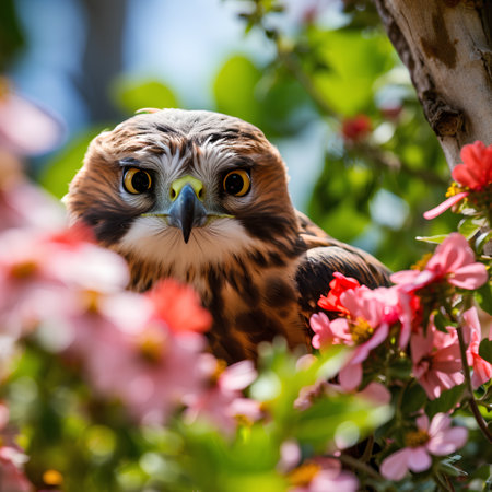 Close-up portrait of a red-shouldered hawk (Buteo jamaicensis) sitting on a branch with pink flowersの素材