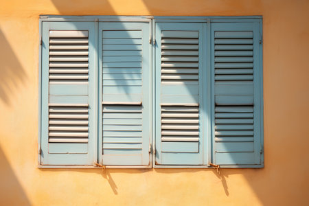Vintage window with shutters on yellow wall, retro tonedの素材