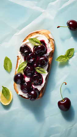 Toast with cherries and cream cheese on a blue background.の素材