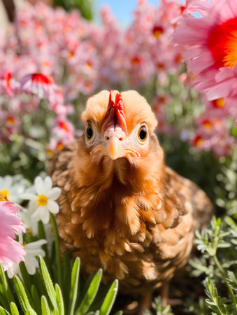 Chickens and flowers in the garden. Selective focus.の素材