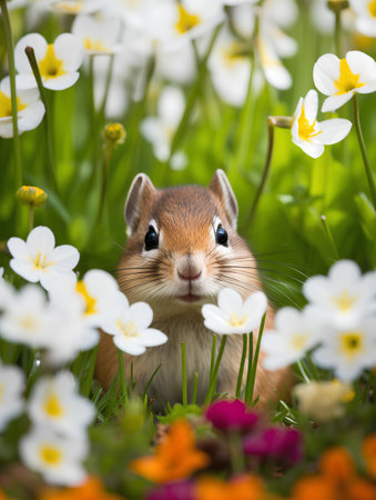 Adorable little chipmunk in spring flower meadow with flowersの素材
