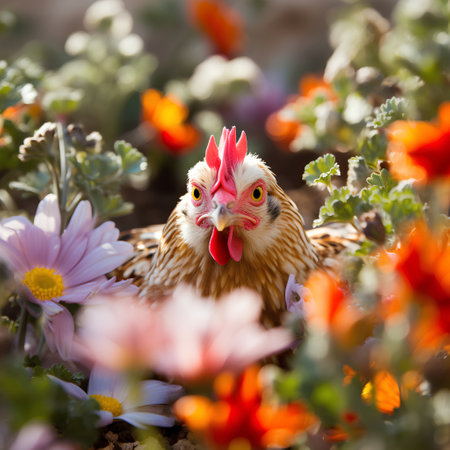 Chickens and flowers in the garden. Selective focus.の素材