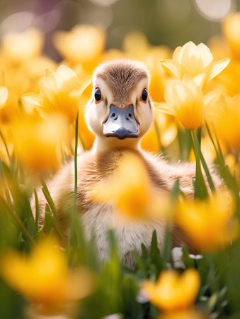 Cute little duckling in the spring meadow with yellow tulipsの素材