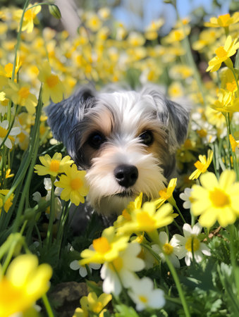 Yorkshire Terrier puppy on a background of yellow daffodilsの素材