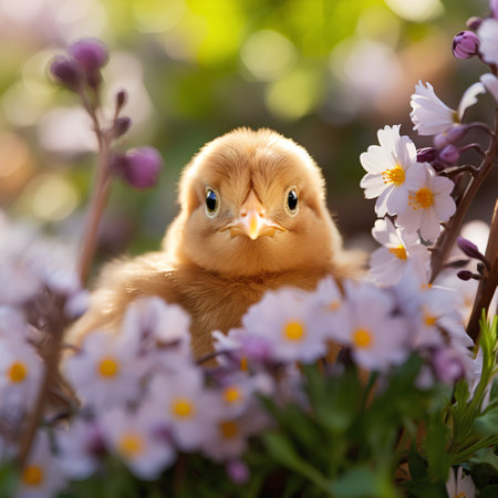 Little yellow chicken on the background of spring flowers. Easter concept.の素材