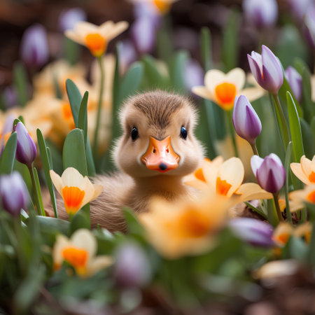 Cute little duckling in the spring garden with crocusesの素材