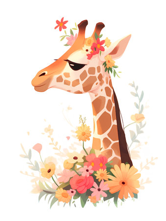 Giraffe with flowers. Cute cartoon animal. Vector illustrationの素材