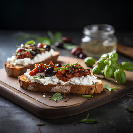 Bruschetta with goat cheese, olives and dried tomatoesの素材