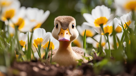 Cute duckling sitting in the grass with white crocus flowersの素材