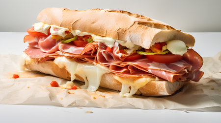 sandwich with ham, cheese and vegetables on a white background.の素材