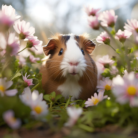 Cute guinea pig in the meadow with pink flowers.の素材