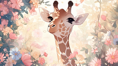 Giraffe on floral background. Hand drawn vector illustration in cartoon style.の素材