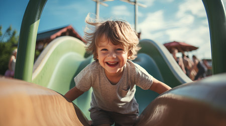 Cute little boy having fun on the playground. Happy child having fun outdoors.の素材