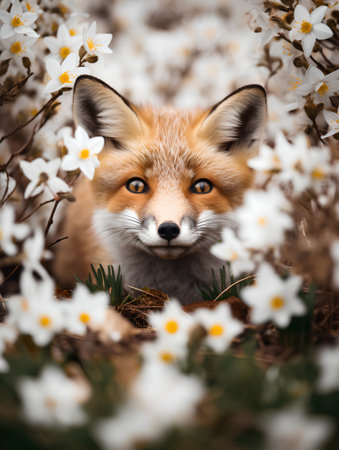 Portrait of a red fox on a background of white flowers.の素材