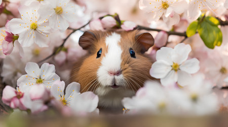 Guinea pig with cherry blossom in spring time, close upの素材
