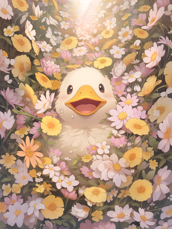 Cute duckling among the flowers. Spring background. Vector illustration.の素材