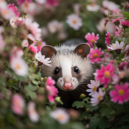 Portrait of cute ferret in the flower garden. Pet animals.の素材