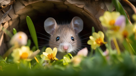 Cute little mouse in a hole in the grass with yellow flowersの素材