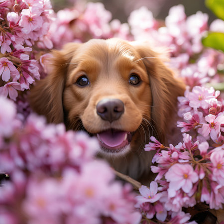 Cute welsh springer spaniel puppy in blooming pink sakura flowersの素材