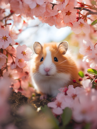 Hamster on the background of a blooming sakura tree.の素材