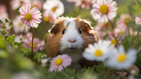 Cute guinea pig in the grass with daisies.の素材