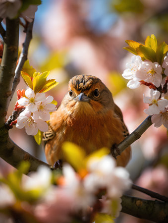 Red bird on a branch of a blossoming sakura tree in springの素材