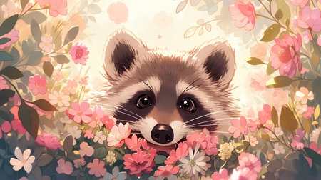 Cute raccoon in the flowers. Vector illustration of a cute raccoon.の素材