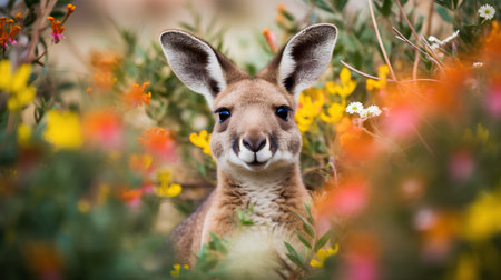Kangaroo in the wild. Kangaroo on the background of flowersの素材