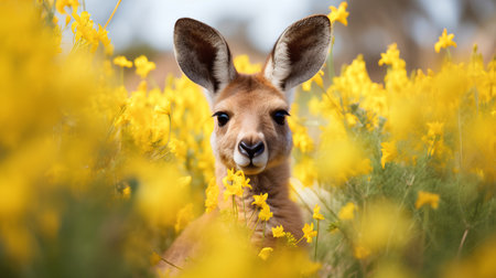 Kangaroo in the yellow flower meadow. Portrait of cute kangaroo.の素材