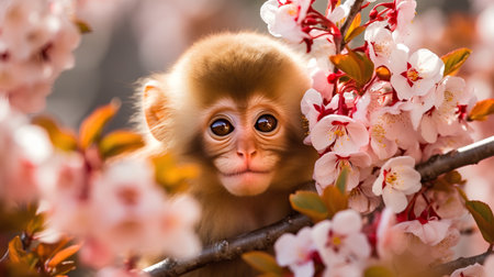Little cute baby monkey on the tree with sakura blossom backgroundの素材