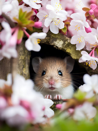 Cute little hamster in a wooden house with cherry blossomsの素材