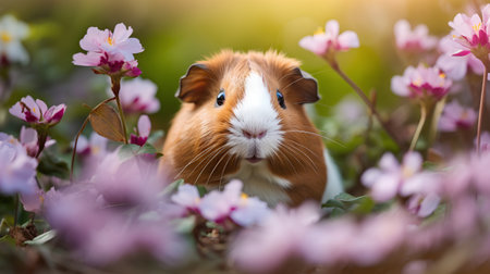 Guinea pig in the flower garden. Cute guinea pig on nature background.の素材