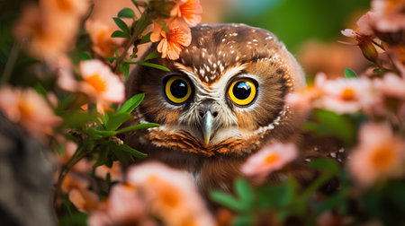 Beautiful owl in the garden with flowers and leaves. Animal portrait.の素材